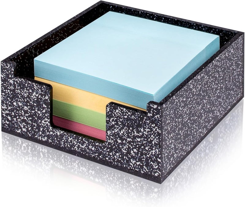 Luminzo Black Sparkling Sticky Note Holder, Glitter Acrylic Organizer, 3.94 x 3.94 in Multi-Use Tray for Office, School & Home Desk - Image 1
